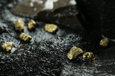 Photo of Many shiny gold nuggets on wet stones
