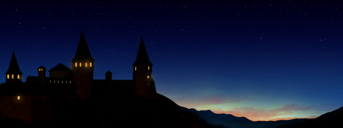 Fairy tale world. Magnificent castle under starry sky at night, banner design
