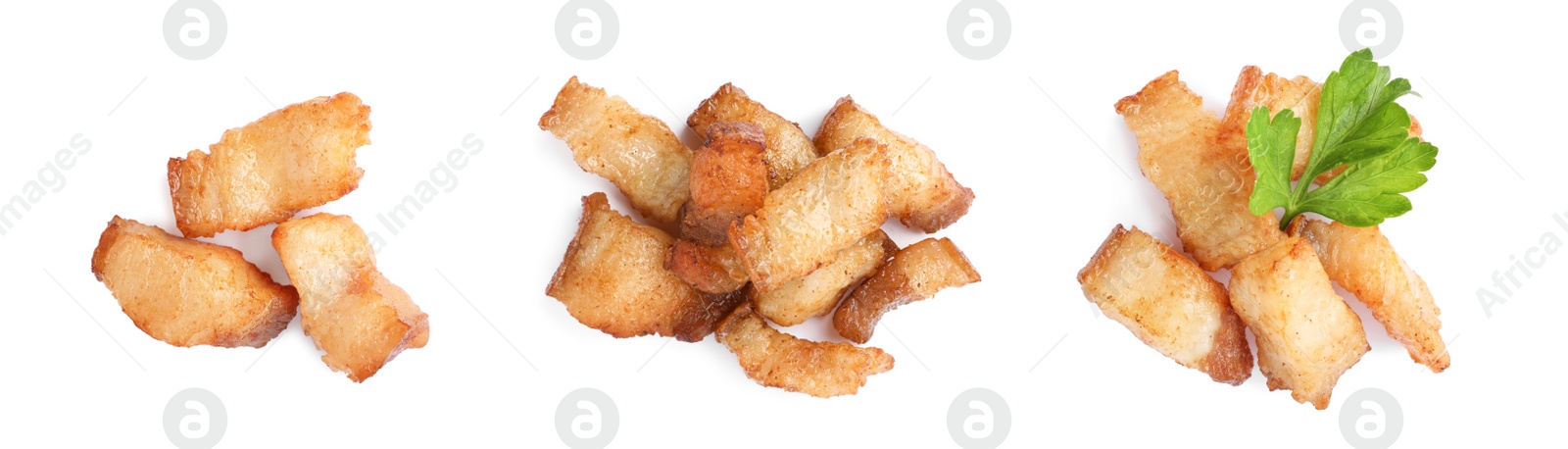 Image of Set with tasty fried cracklings on white background, top view. Cooked pork lard