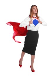 Photo of Confident businesswoman wearing superhero costume under suit on white background