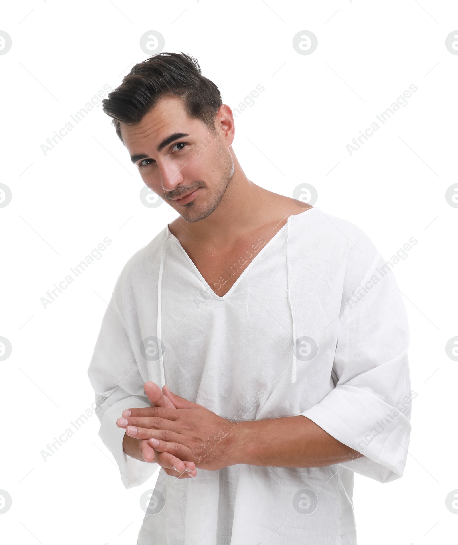 Photo of Portrait of handsome young man on white background