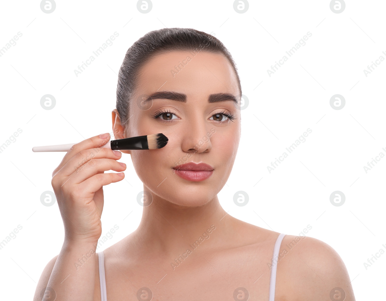 Photo of Woman with makeup brush on white background