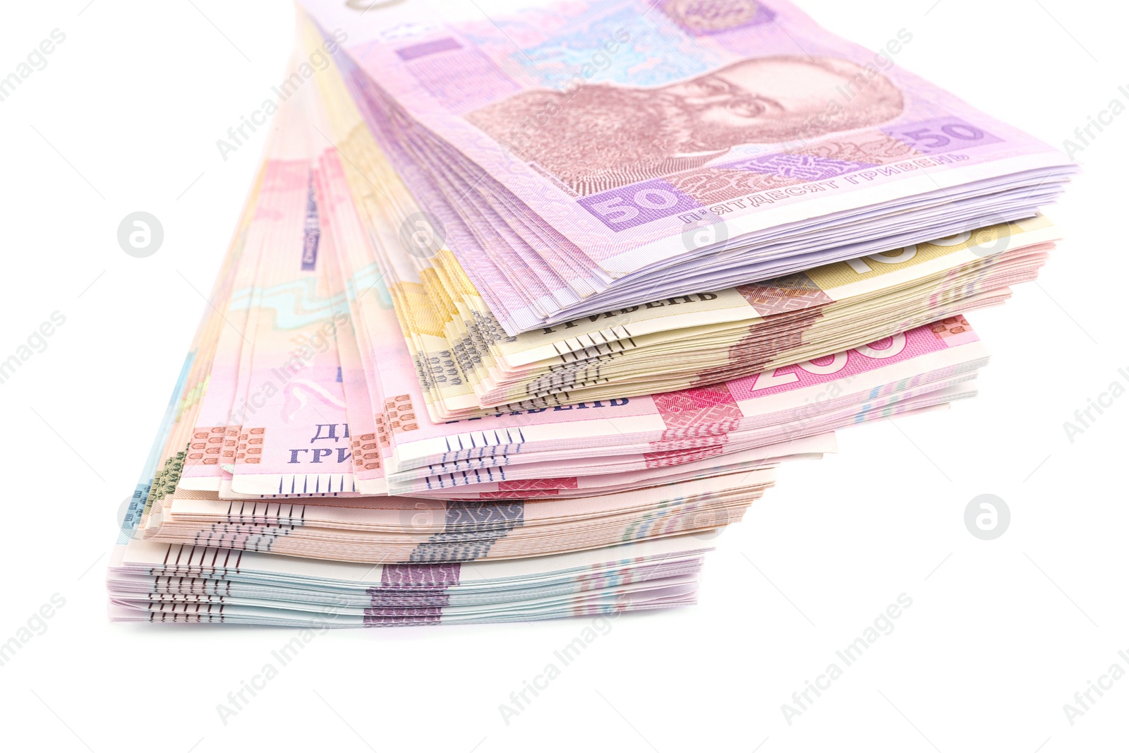 Photo of Ukrainian money on white background, closeup. National currency