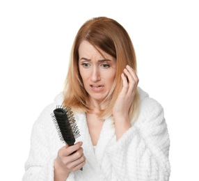 Young woman with hair loss problem on white background