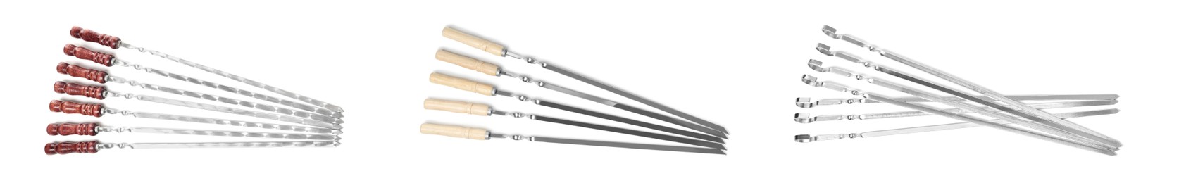 Image of Set with metal skewers on white background, top view. Banner design