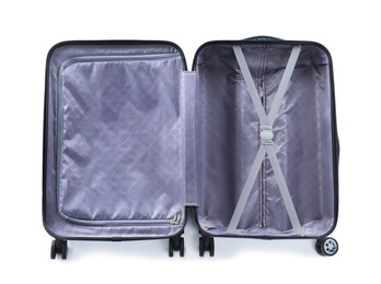 Photo of Open suitcase for travelling on white background, top view