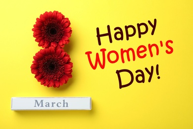 Image of 8 March greeting card design with red gerberas on yellow background, flat lay. Happy Women's day