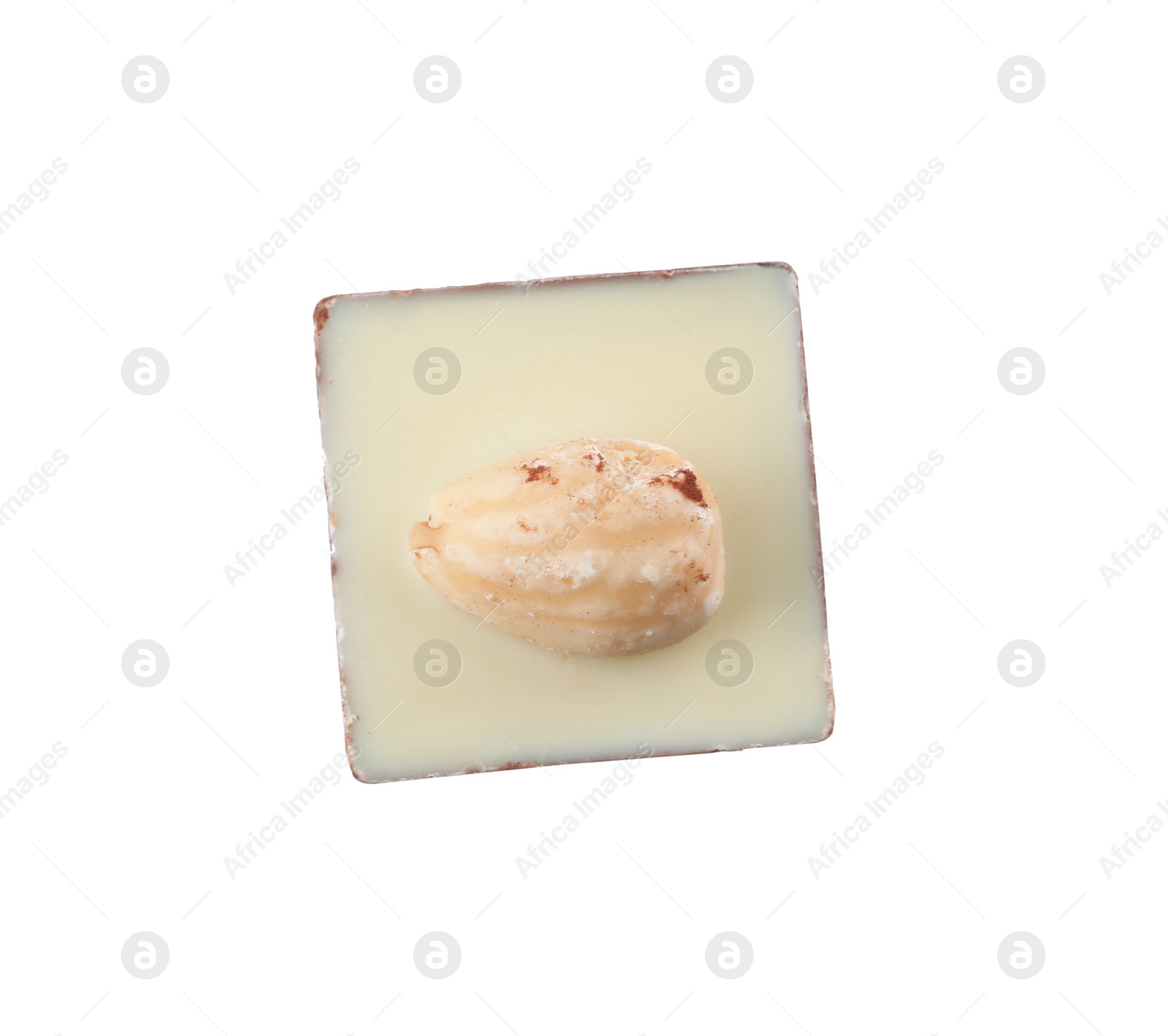 Photo of Delicious chocolate candy with almond isolated on white, top view