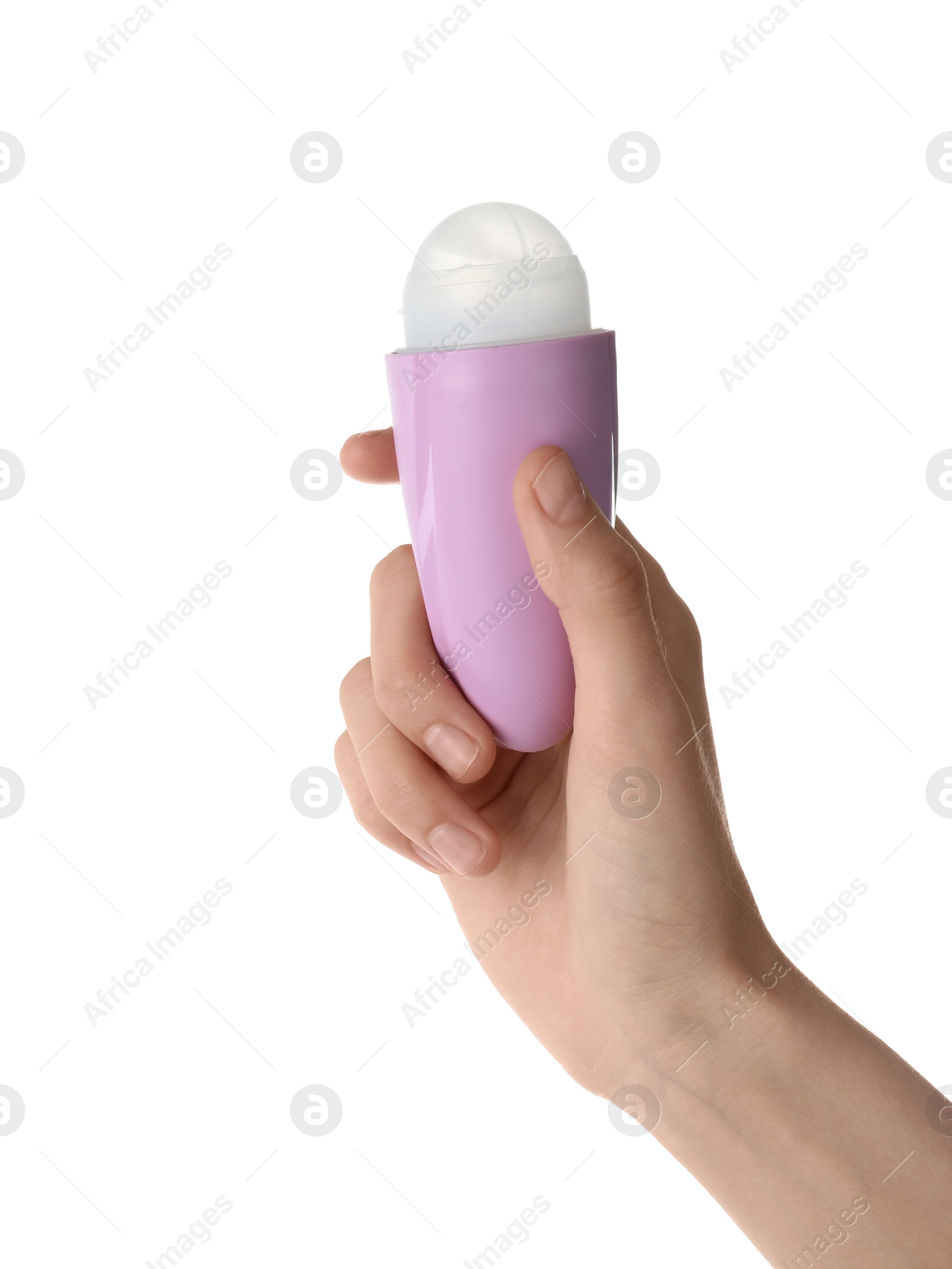 Photo of Woman holding roll-on deodorant on white background, closeup