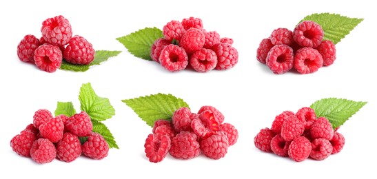 Image of Set with heaps of delicious ripe raspberries on white background. Banner design