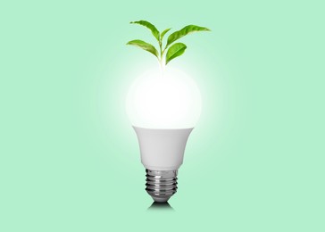 Image of Saving energy, eco-friendly lifestyle. Light bulb and fresh green leaves on green background