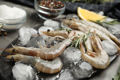 Photo of Raw shrimps with ice on grey table, closeup