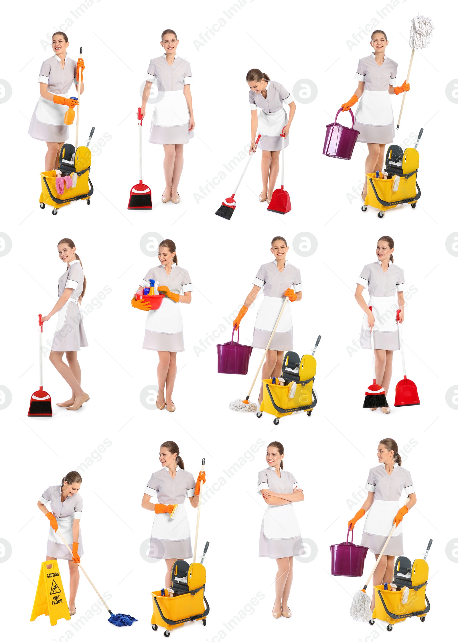 Image of Collage with photos of chambermaid on white background