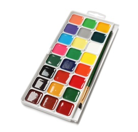 Photo of Plastic watercolor palette with brush on white background. Painting equipment for children