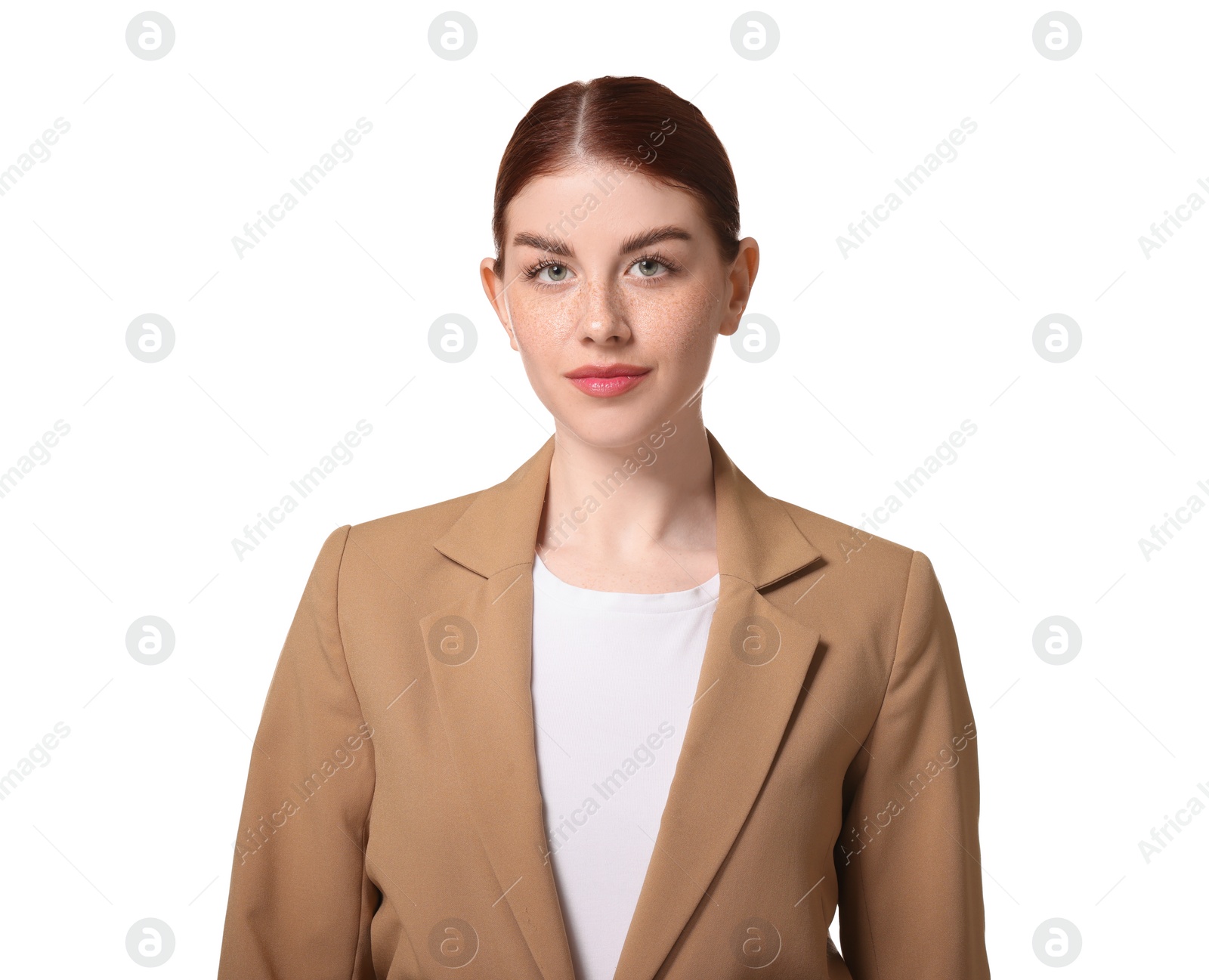 Photo of Portrait of confident businesswoman on white background