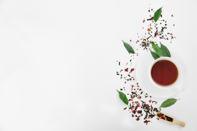 Photo of Composition with tea on white background, top view