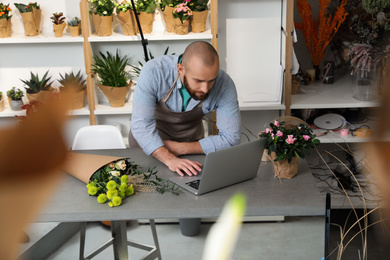 Photo of Professional male florist using laptop at workplace