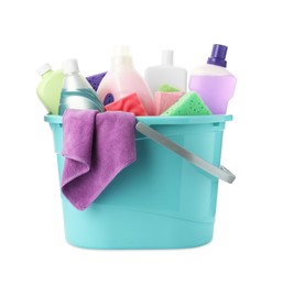 Photo of Light blue plastic bucket with cleaning supplies and tools isolated on white