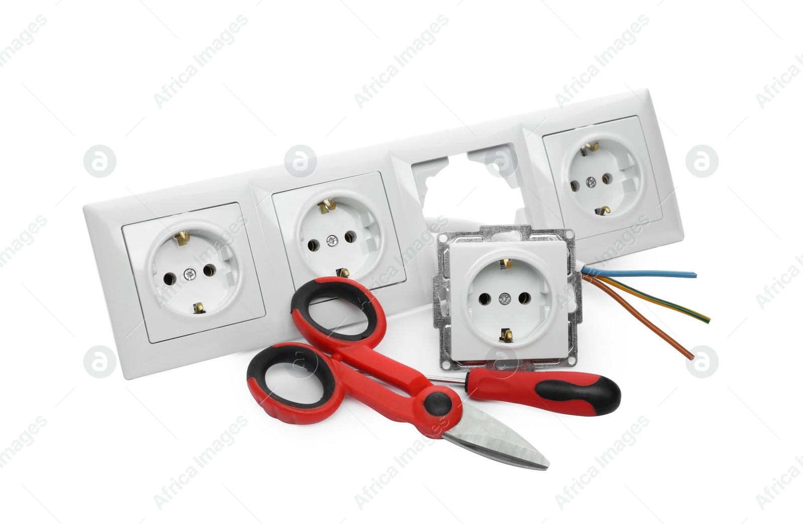 Photo of Set of sockets and electrician's tools isolated on white