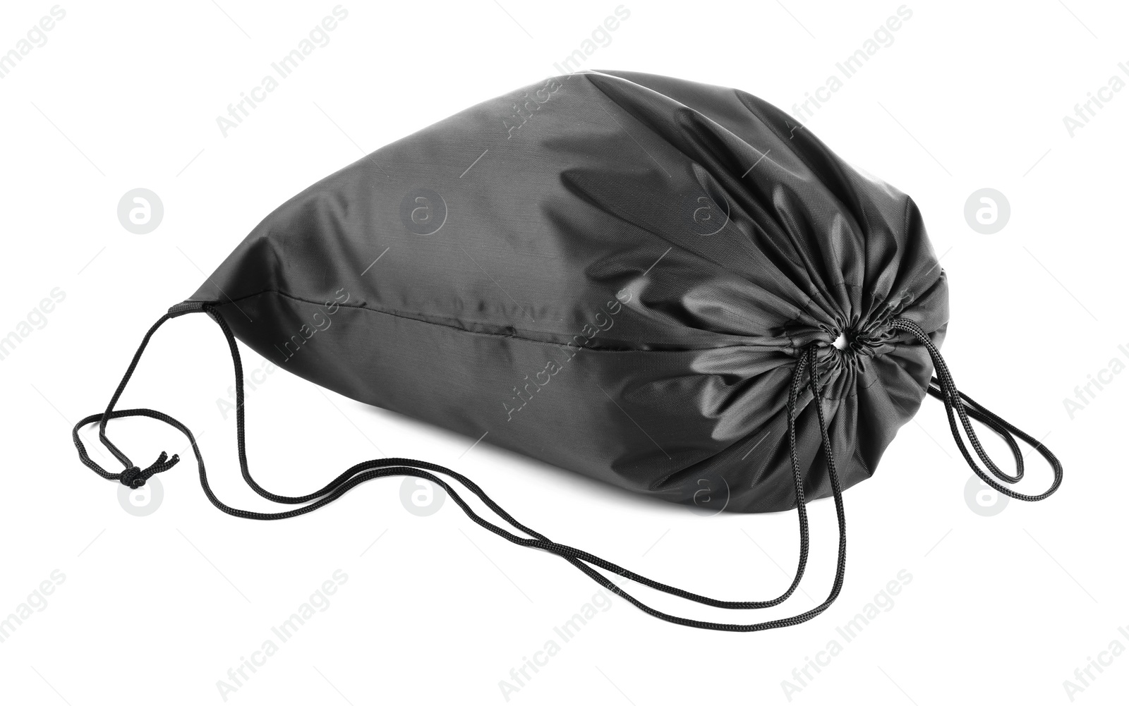 Photo of One black drawstring bag isolated on white