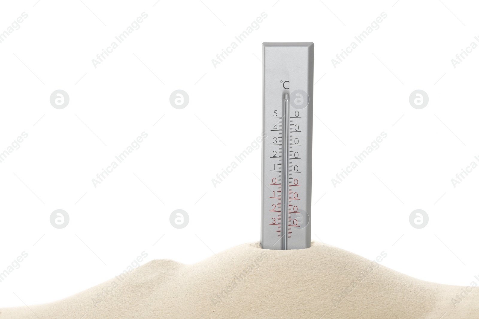 Photo of Weather thermometer in sand against white background