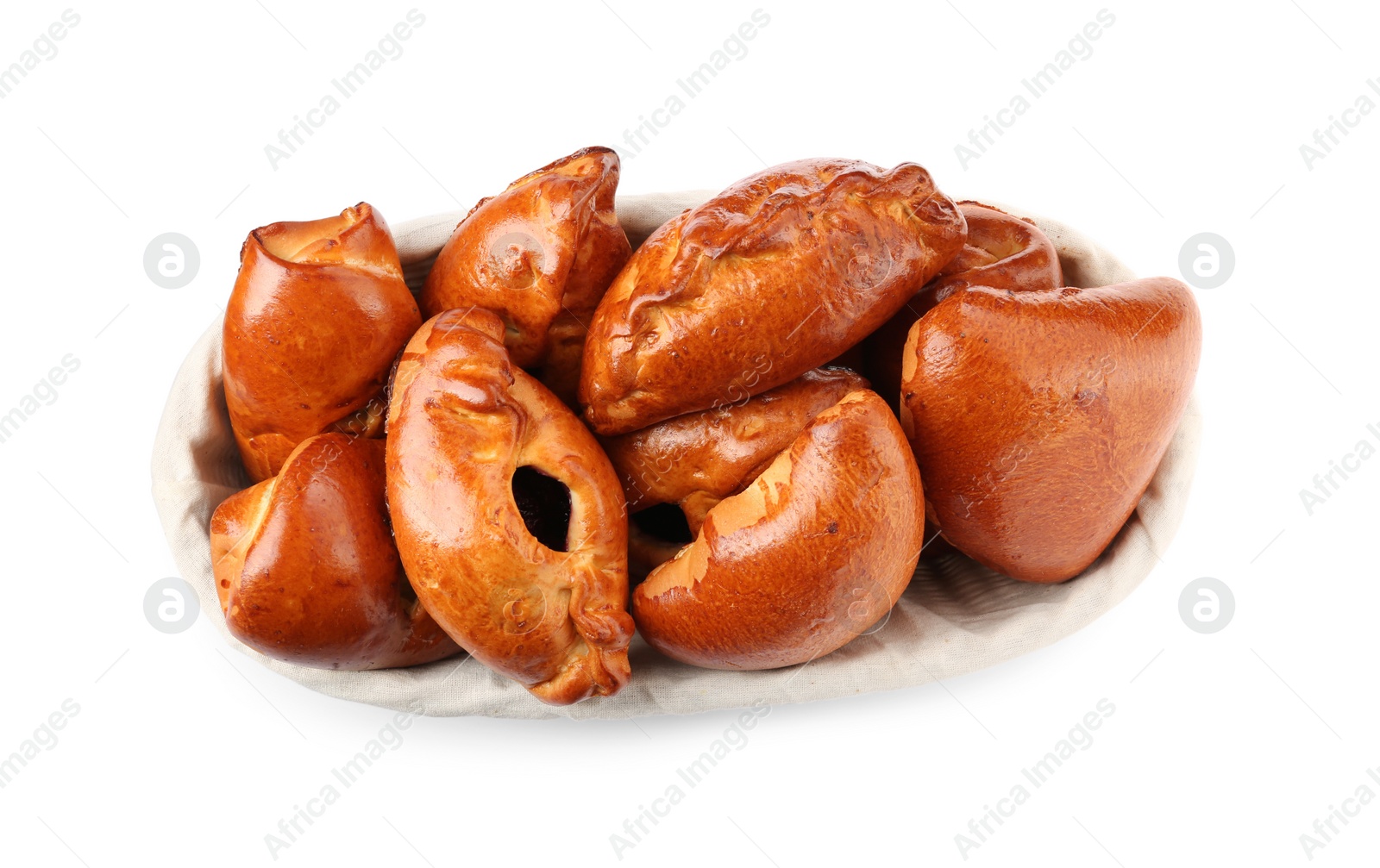 Photo of Basket with delicious baked patties on white background, top view