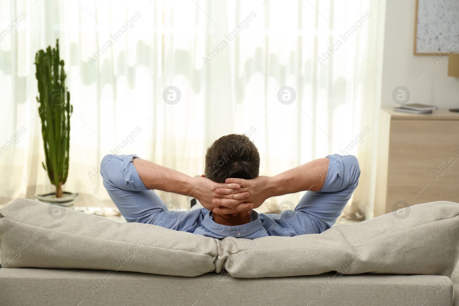 Photo of Man relaxing on sofa at home, back view