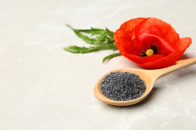 Photo of Spoon of poppy seeds and flower on light table, space for text