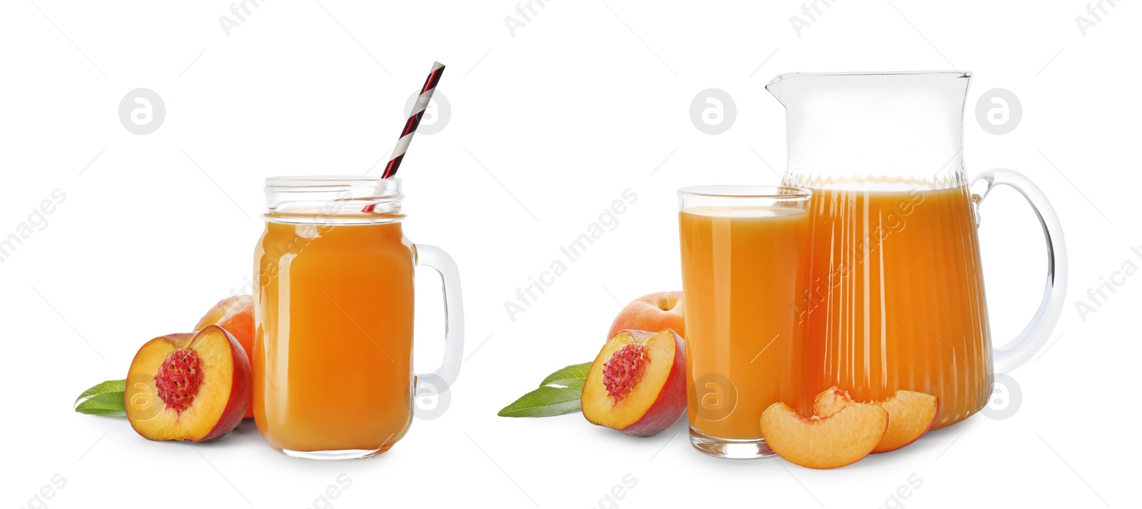 Image of Collage of peach juice in glassware and fresh fruits isolated on white