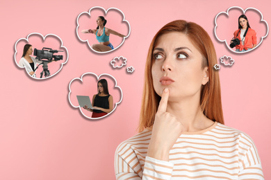 Image of Thoughtful woman choosing probable profession on pink background