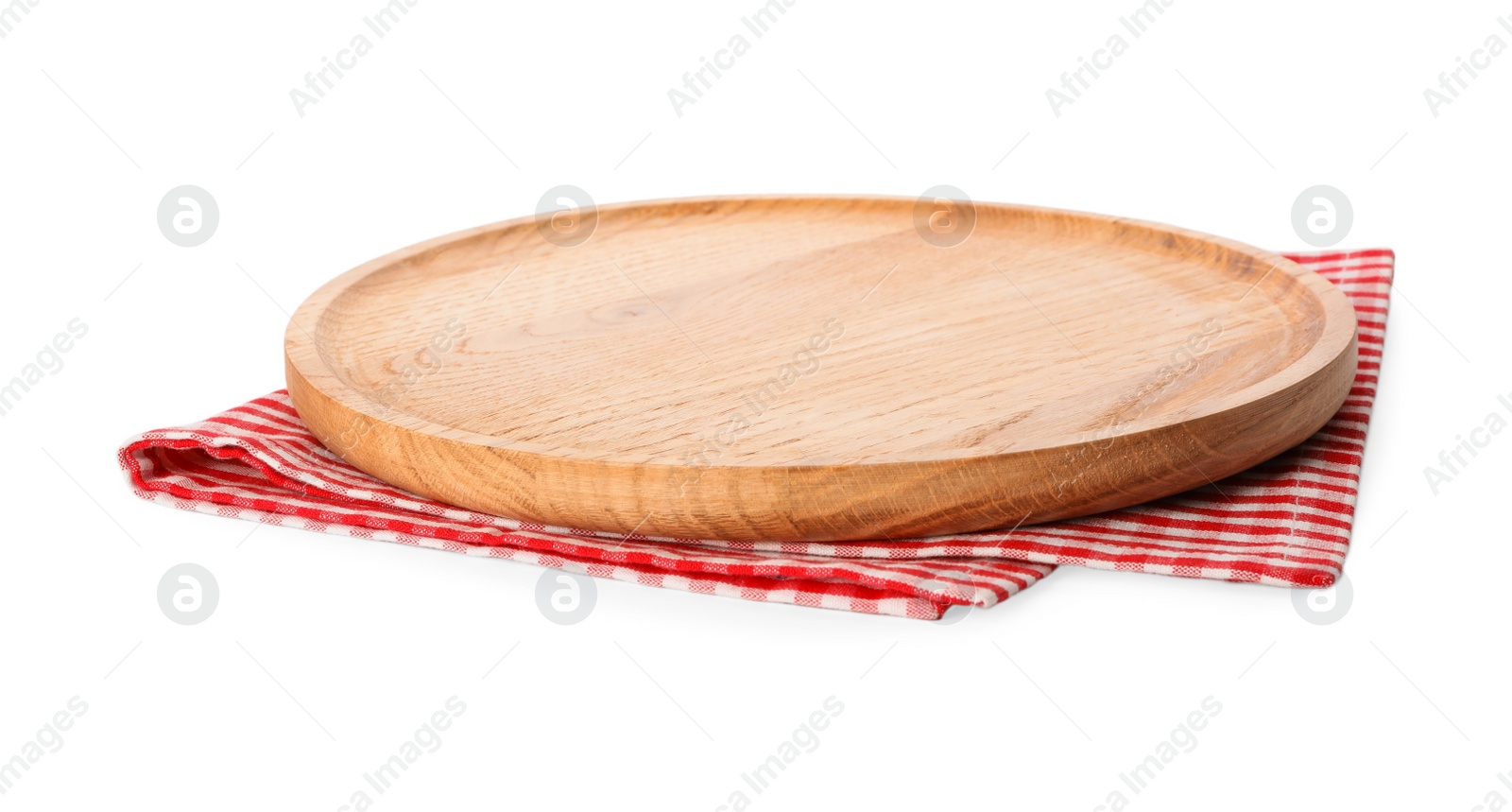 Photo of Wooden board and checkered napkin isolated on white