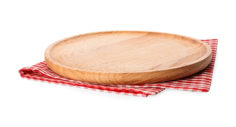 Photo of Wooden board and checkered napkin isolated on white