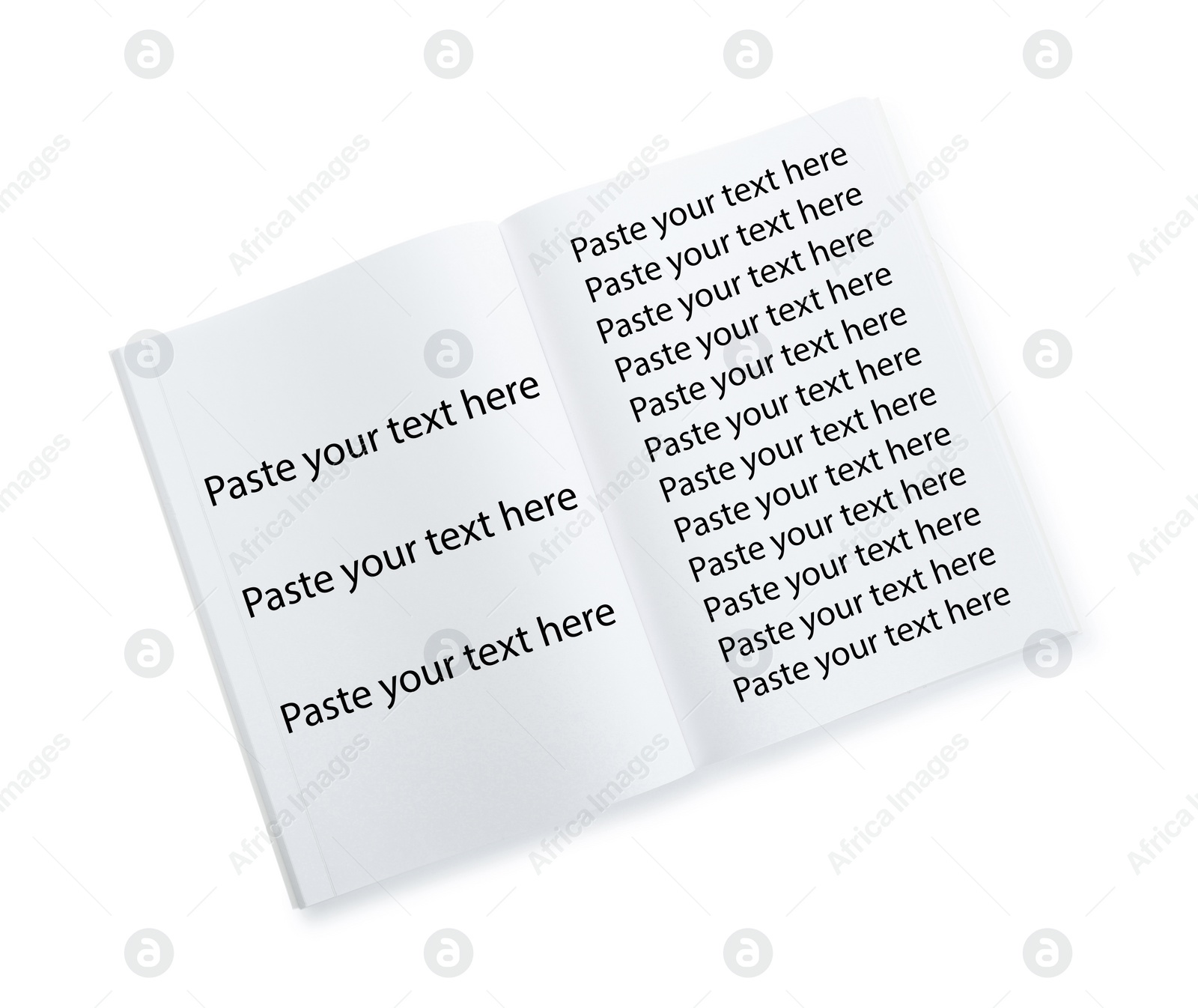 Image of Open notebook with many phrases Paste Your Text Here on white background, top view