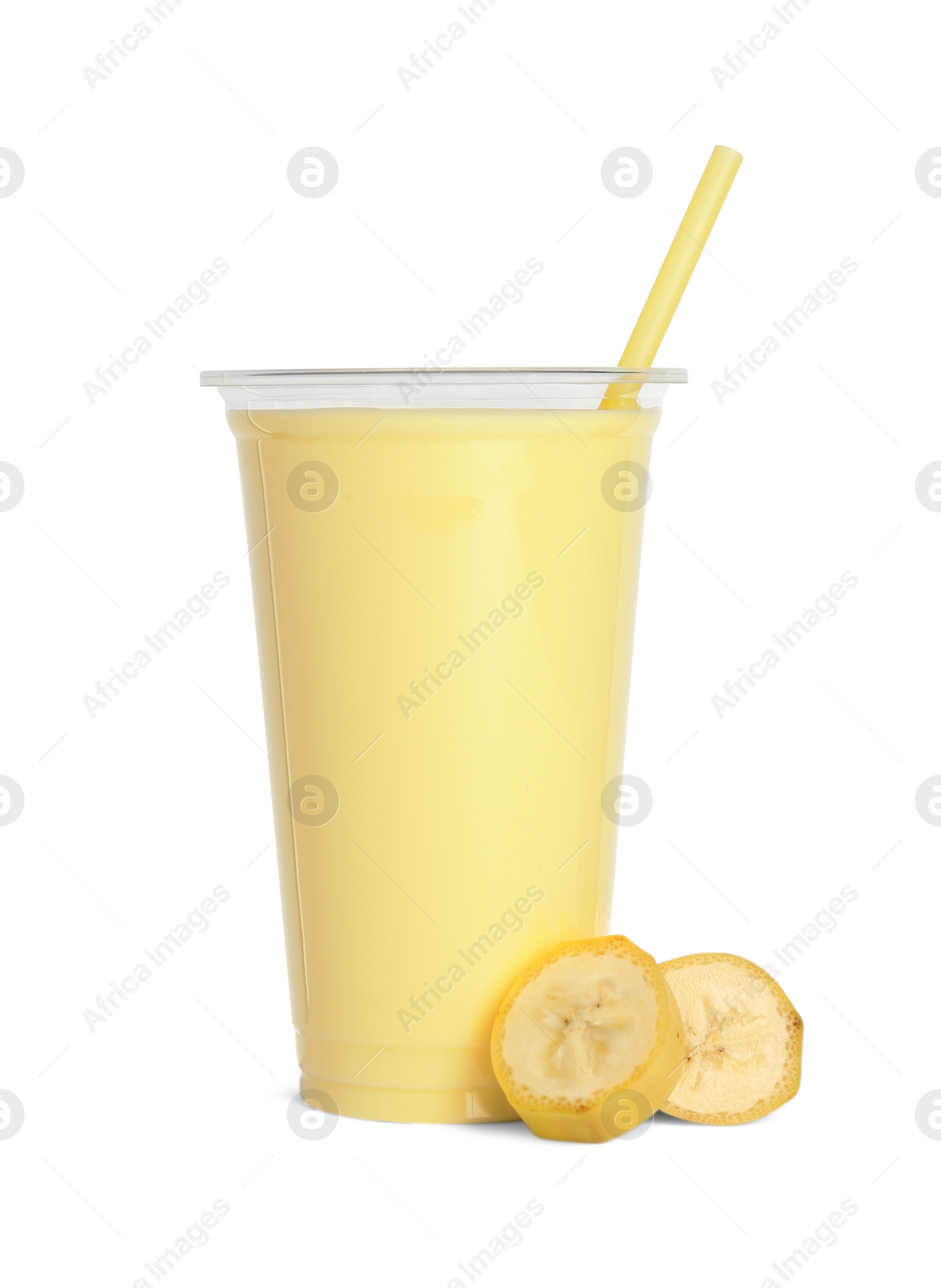 Photo of Plastic cup of tasty smoothie and fresh banana isolated on white