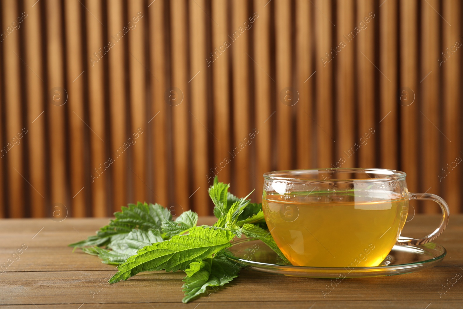 Photo of Glass cup of aromatic nettle tea and green leaves on wooden table, space for text