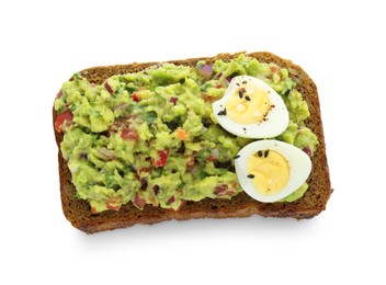 Slice of bread with tasty guacamole and eggs isolated on white, top view