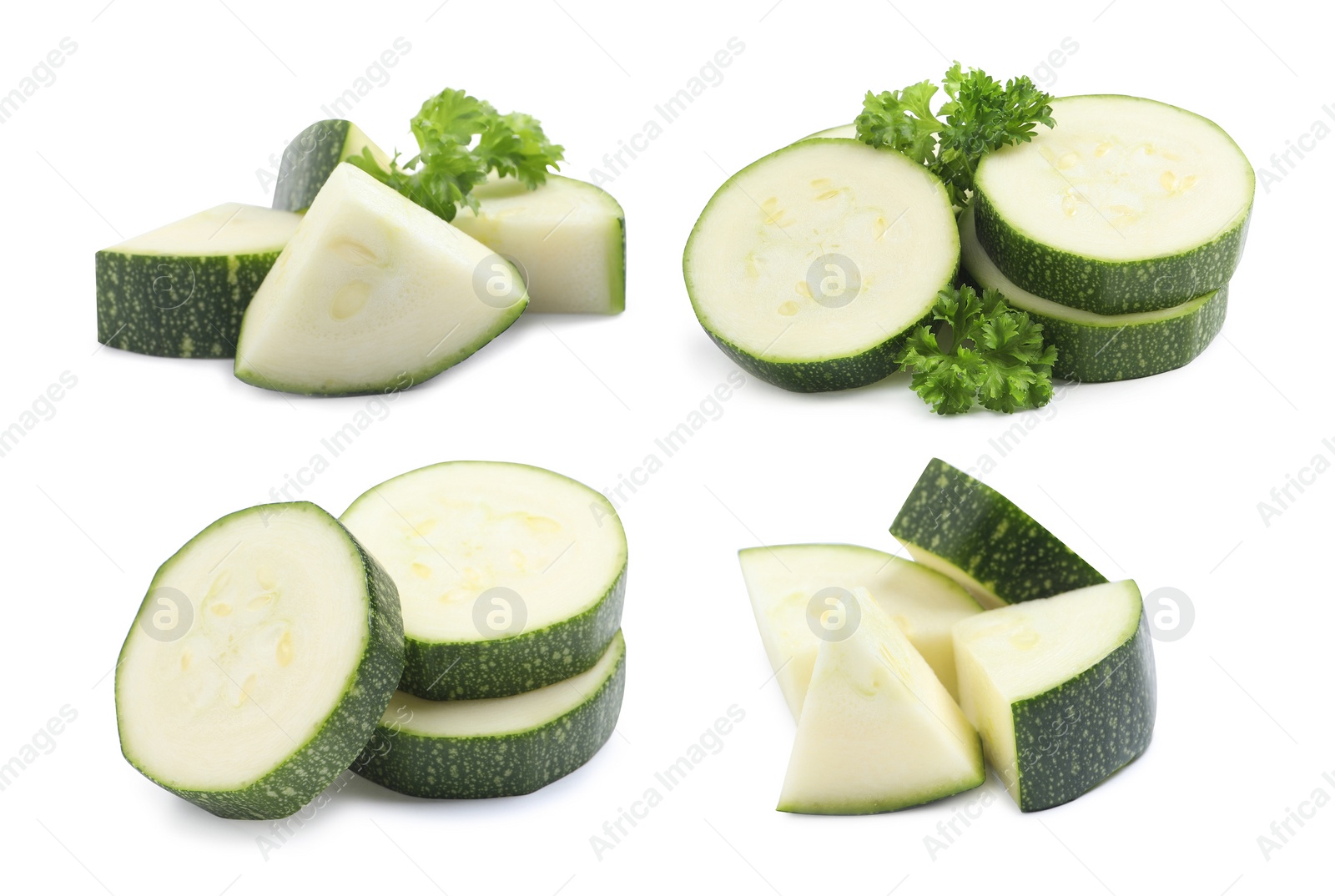 Image of Set with cut fresh ripe zucchini on white background