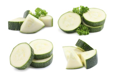 Image of Set with cut fresh ripe zucchini on white background