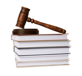 Photo of Wooden gavel and stack of books on white background