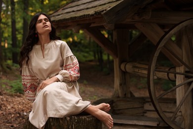 Photo of Beautiful woman wearing embroidered dress sitting near old wooden well in countryside. Ukrainian national clothes