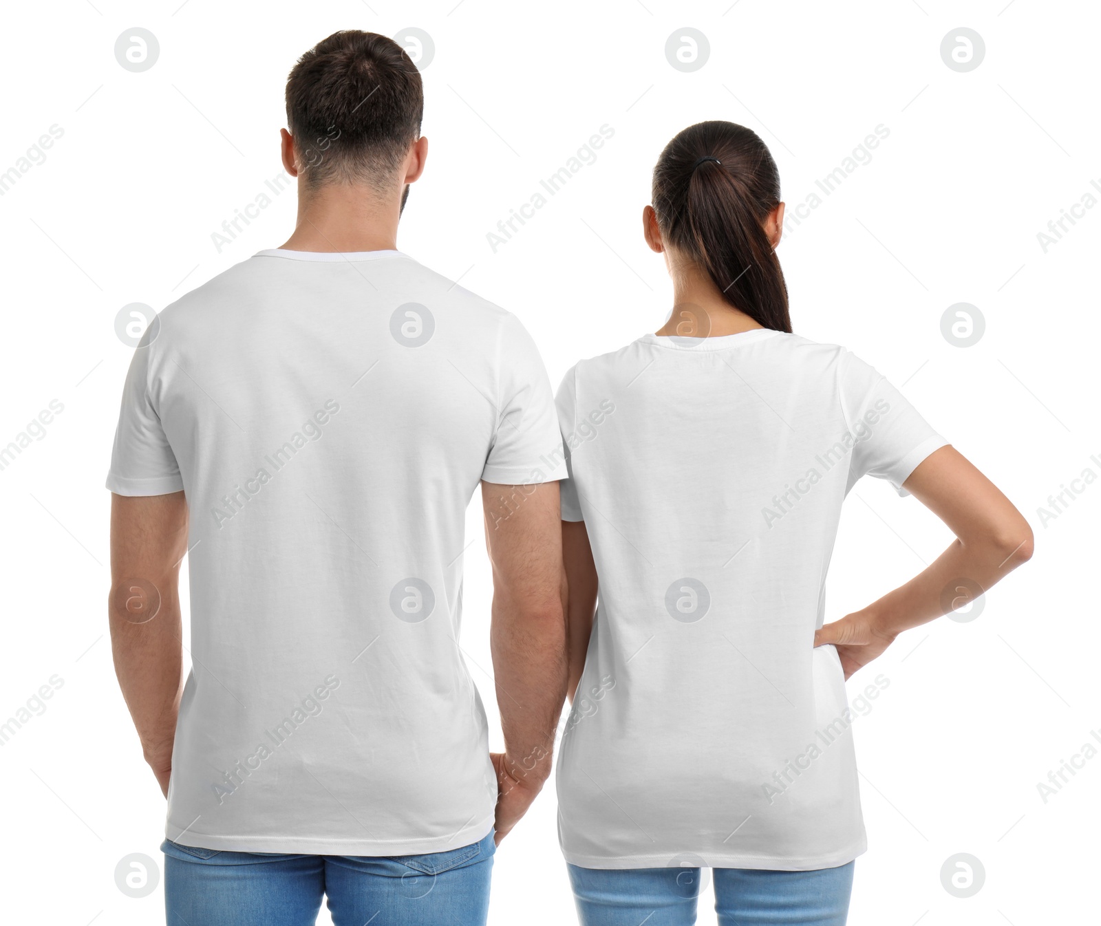 Photo of Young couple in t-shirts on white background. Mockup for design