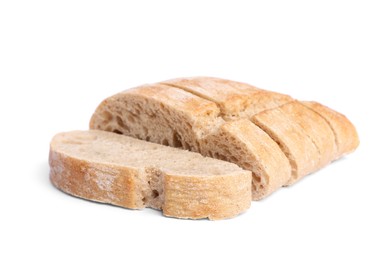 Cut ciabatta on white background. Delicious bread