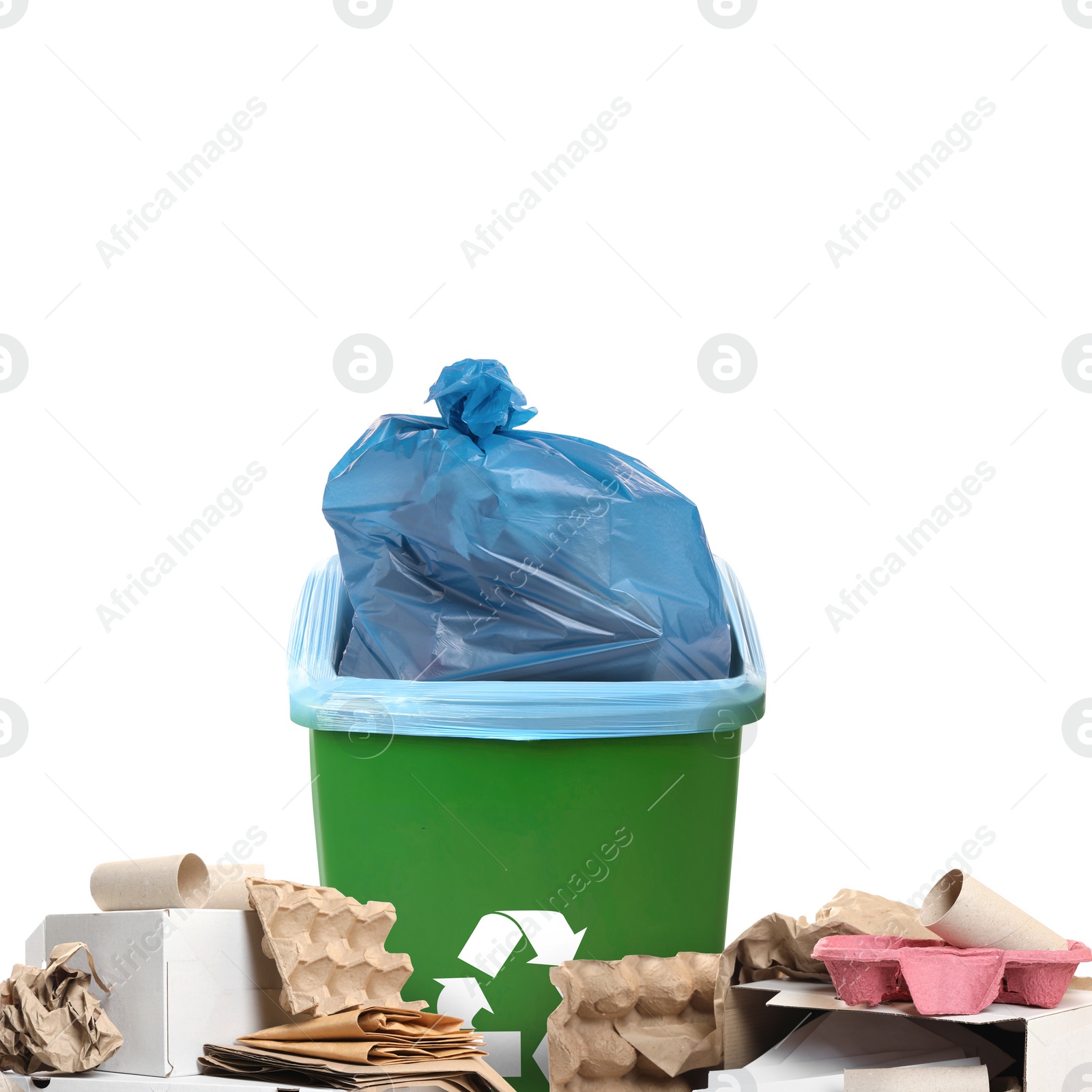 Image of Waste bin with plastic bag full of trash surrounded by garbage on white background