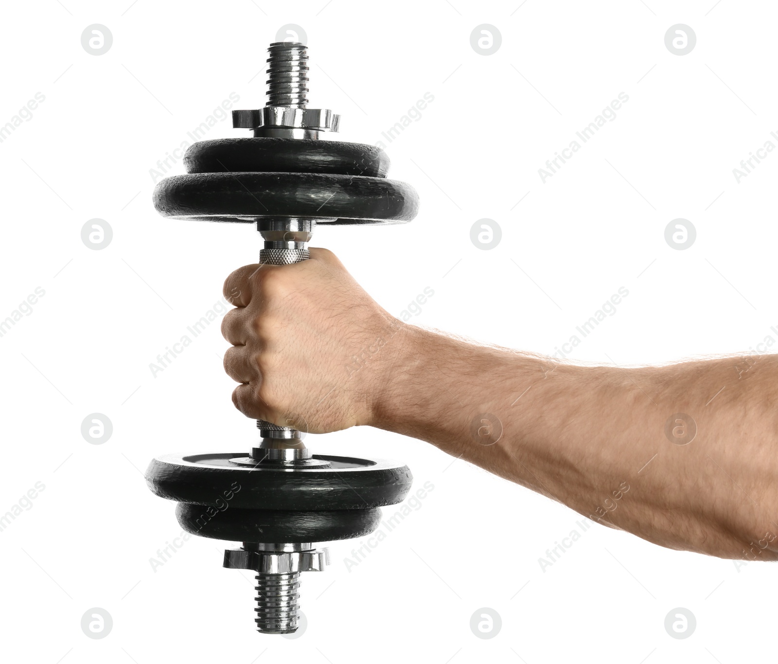 Photo of Male athlete holding metal dumbbell on white background