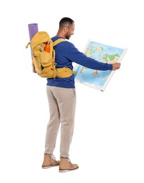 Photo of Tourist with backpack and map on white background