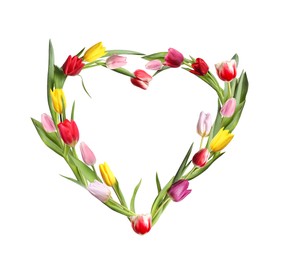 Image of Beautiful heart shaped composition made with bright tulips on white background