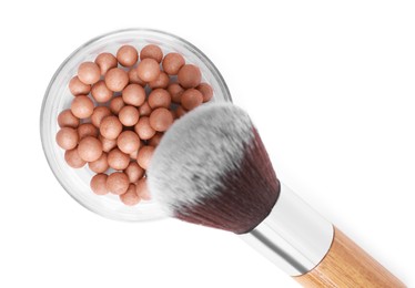 Photo of Face powder balls and brush isolated on white, top view