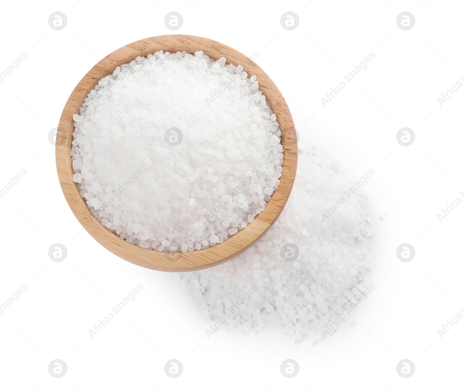 Photo of Wooden bowl and heap of natural sea salt isolated on white, top view