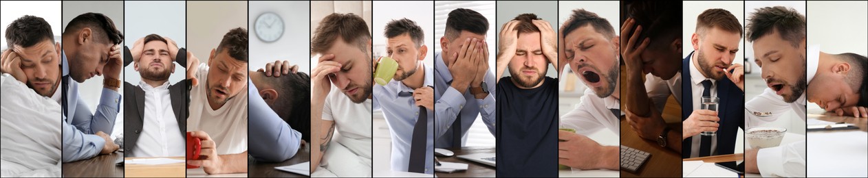 Image of Collage with photos of tired men. Banner design
