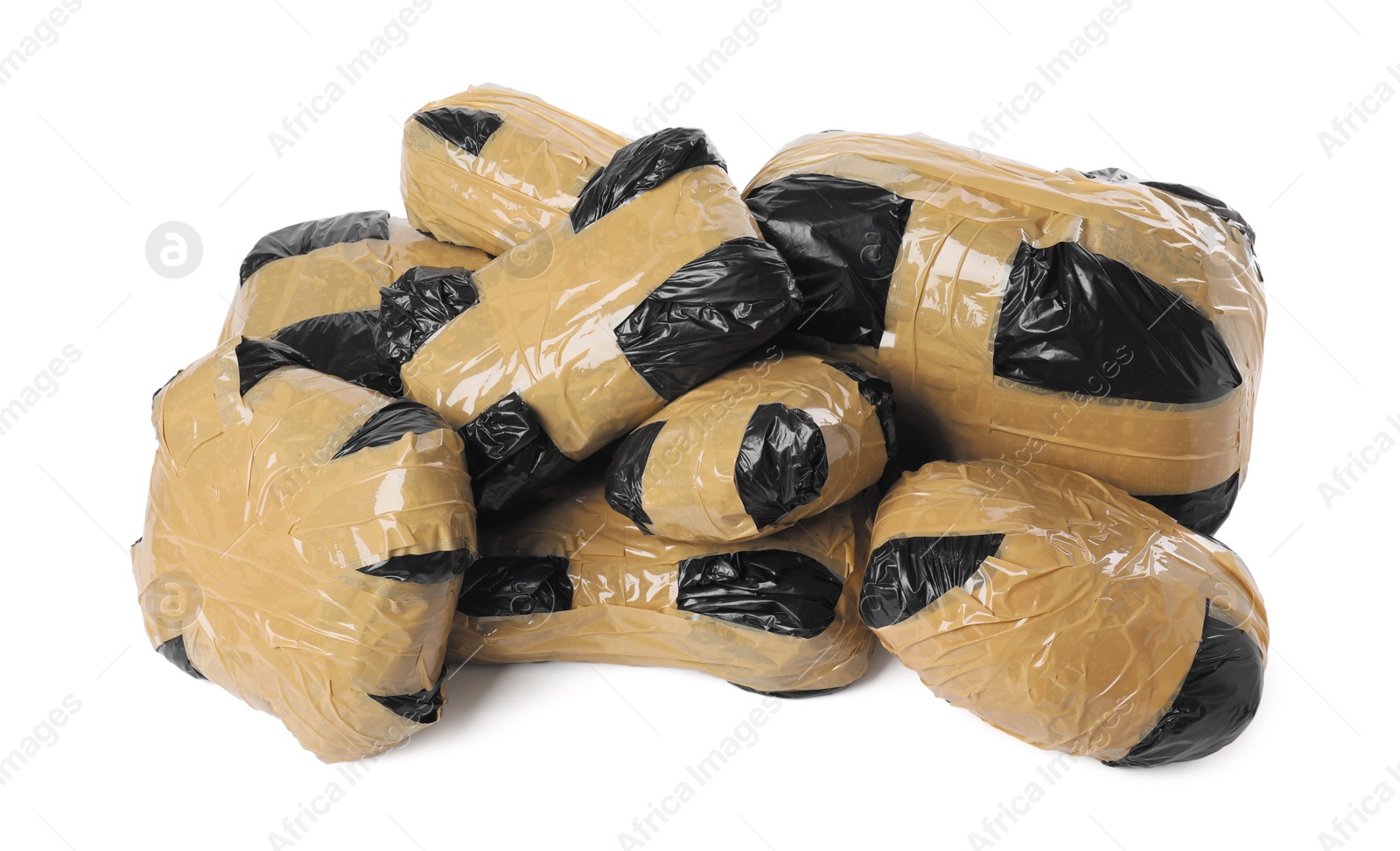 Photo of Packages with narcotics isolated on white. Drug addiction